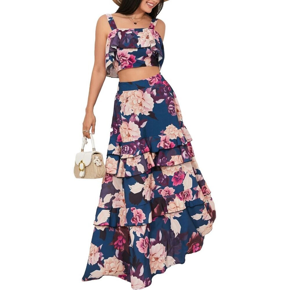 Women's Floral 2 Piece Outfit Crop Top & Maxi Skirt Summer Beach Vacation